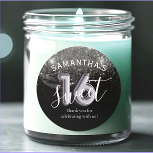 Sticker Rond Sweet 16 Parties scintillant d'argent noir et numé