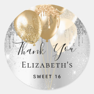 Sticker Rond Sweet 16 parties scintillant d'or argenté en or me