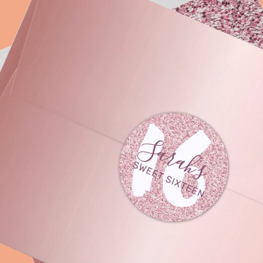 Sticker Rond Sweet 16 Parties scintillant rose mousseux Anniver