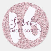 Sticker Rond Sweet 16 Parties scintillant rose mousseux Anniver (Devant)