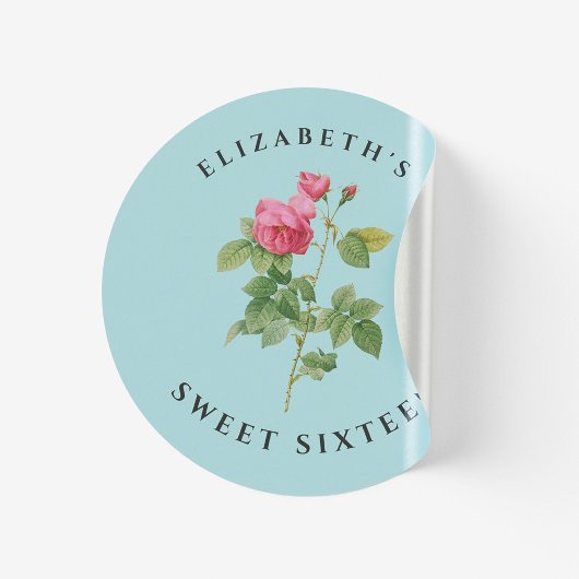 Sticker Rond Sweet 16 Pastel Bleu et Rose Botanique