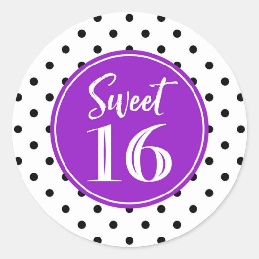 Sticker Rond Sweet 16 Points noirs violets blancs d'anniversair (Devant)