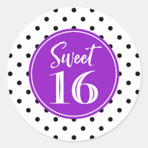 Sticker Rond Sweet 16 Points noirs violets blancs d'anniversair