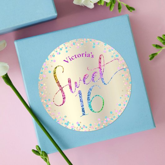 Sticker Rond Sweet 16 Rainbow Parties scintillant Confetti Gold