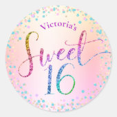 Sticker Rond Sweet 16 Rainbow Parties scintillant Confetti Ombr (Devant)