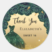 Sticker Rond Sweet 16 robe d'or vert Merci (Devant)