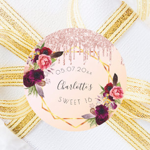 Sticker Rond Sweet 16 rose or rousse parties scintillant floral
