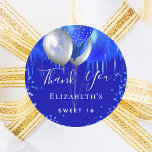 Sticker Rond Sweet 16 royal blue drips name thank you<br><div class="desc">A trendy royal blue background. Decorated with drips,  paint dripping look,  sparkles and balloons.  Personalize and add a name.</div>