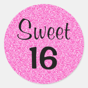 Sticker Rond Sweet 16 Seize Noir & Paillettes Rose Chaud Brilla