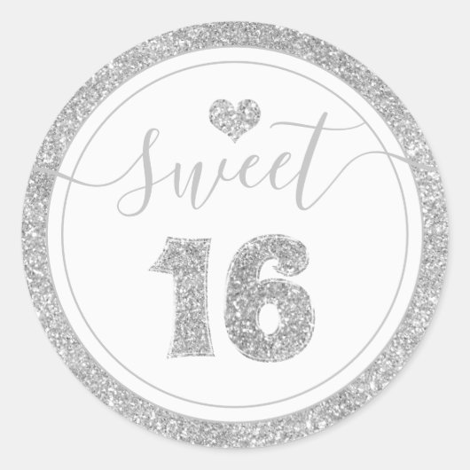 Sticker Rond Sweet 16 Silver Grey Faux Parties scintillant Coeu (Devant)