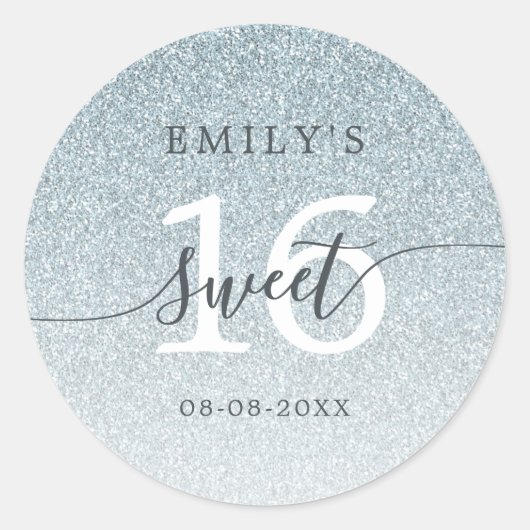 Sticker Rond Sweet 16 Silver Parties scintillant Ombre Nom pers (Devant)
