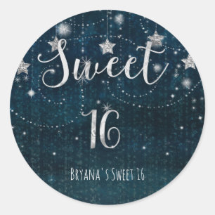 Sticker Rond Sweet 16 Starry Night Silver Blue Celestial Favor