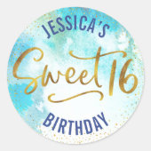 Sticker Rond Sweet 16 Turquoise Aquarelle Or Script Anniversair (Devant)