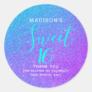Sticker Rond Sweet 16 Turquoise Parties scintillant violet Merc