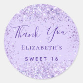 Sticker Rond Sweet 16 violet nom de parties scintillant merci (Devant)