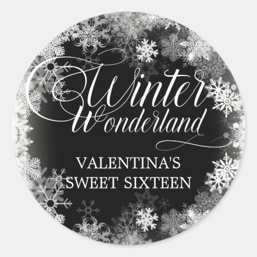 Sticker Rond Sweet 16 Winter Wonderland Snowflake Favor (Devant)
