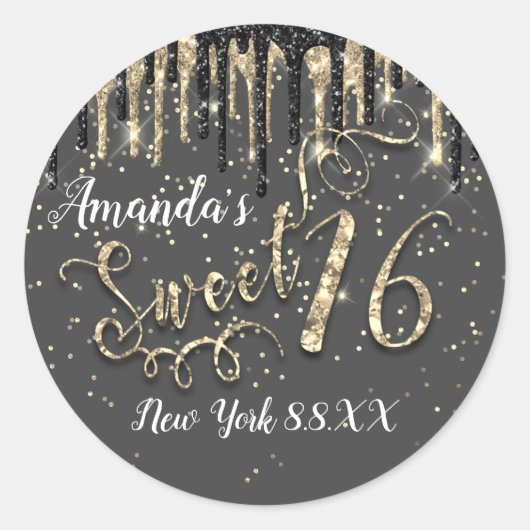 Sticker Rond Sweet 16e Party Gold Confetti Drips gris noir (Devant)