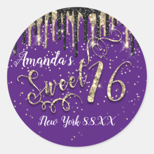 Sticker Rond Sweet 16ème Party Gold Confetti Drips Black Purple
