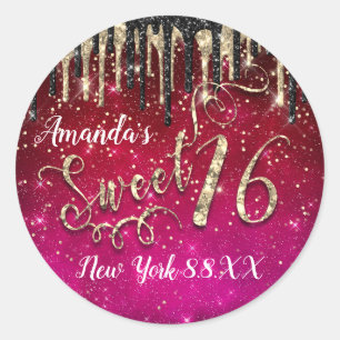 Sticker Rond Sweet 16th Party Stars Gold Confetti Drips rose