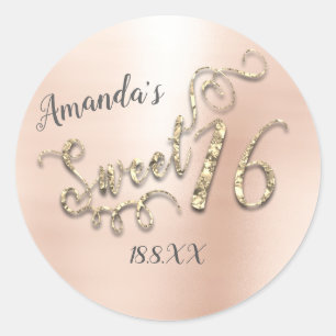 Sticker Rond Sweet 16th Script Metallic Rose rond Gold Girly