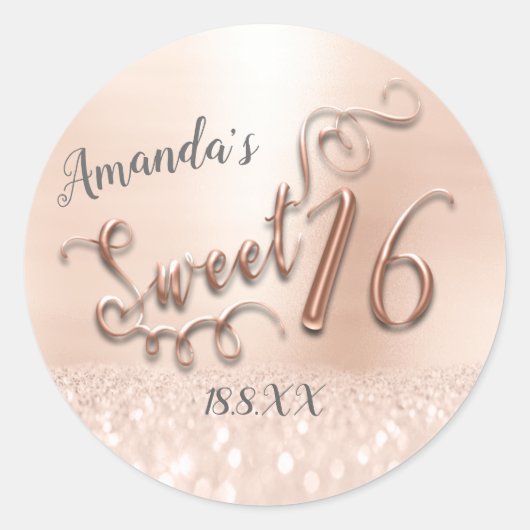 Sticker Rond Sweet 16th Script Parties scintillant métallique R (Devant)