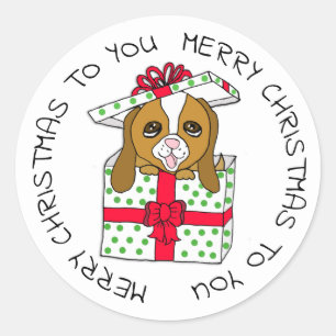 Sticker Rond Sweet Chien de Chien en boîte cadeau de Noël avec
