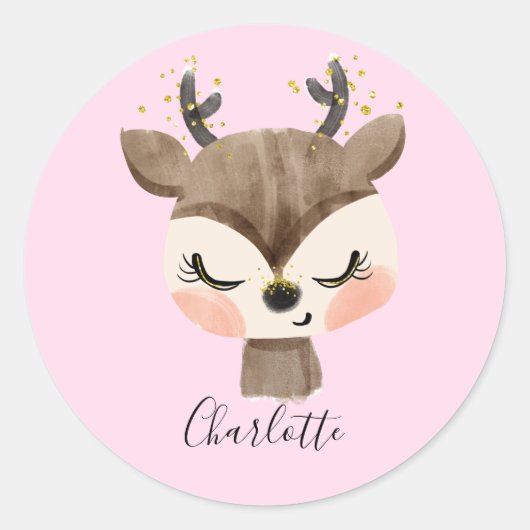 Sticker Rond Sweet Cute & Girly Pastel Blush Rose Bébé Reindeer (Devant)