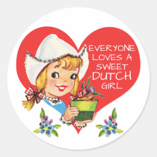 Sticker Rond Sweet Dutch Girl Vintage Tulips Meisje & Heart