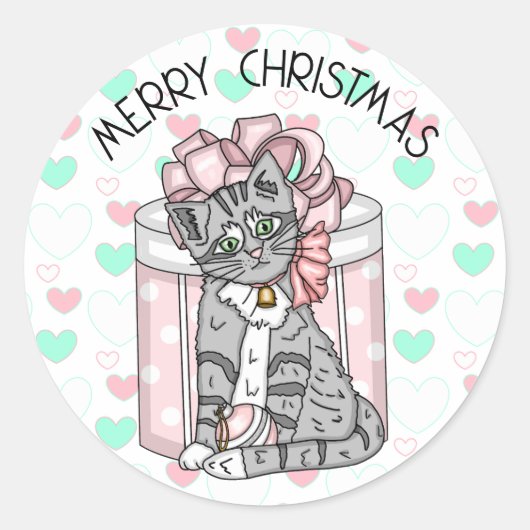 Sticker Rond Sweet Joyeux Noël Grey Kitten rose Présents (Devant)