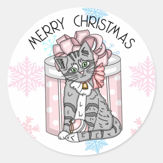 Sticker Rond Sweet Joyeux Noël gris Kitten rose présent (Devant)