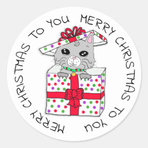 Sticker Rond Sweet Kitten dans boîte cadeau de Noël