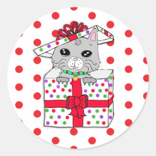 Sticker Rond Sweet Kitten en boîte cadeau de Noël avec Pois