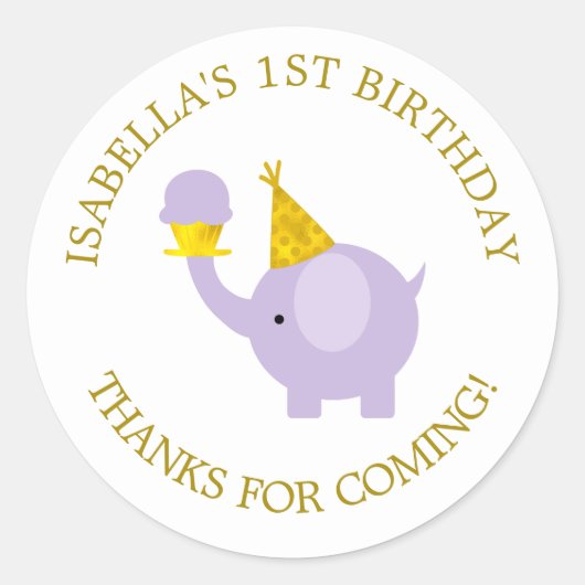 Sticker Rond Sweet Lavender Elephant fête d'anniversaire (Devant)