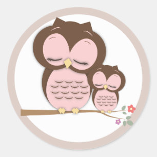 Sticker Rond Sweet Little Mama & Baby Owl sur une branche