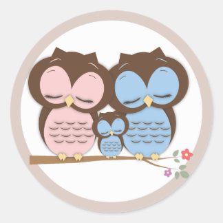 Sticker Rond Sweet Little Owl Family sur une branche