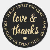 Sticker Rond Sweet Love & Thanks Black & Gold Simple Script (Devant)