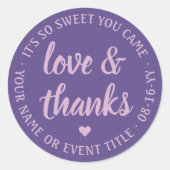 Sticker Rond Sweet Love & Thanks Lavender Purple Script simple (Devant)