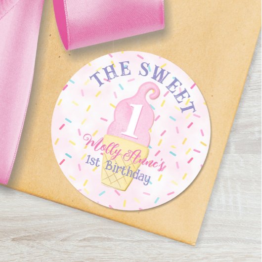 Sticker Rond Sweet ONE rose crème glacée cône 1er anniversaire 