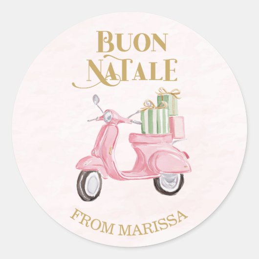 Sticker Rond Sweet Pink & Green Italian Christmas Moped (Devant)