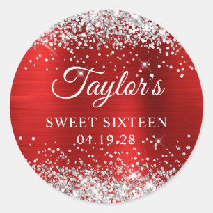 Sticker Rond Sweet sixteen à huile rouge Parties scintillant ar