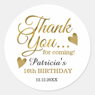 Sticker Rond Sweet sixteen d'or 16ème anniversaire Merci de fêt