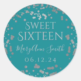 Sticker Rond Sweet sixteen Fille Argent Confetti Turquoise