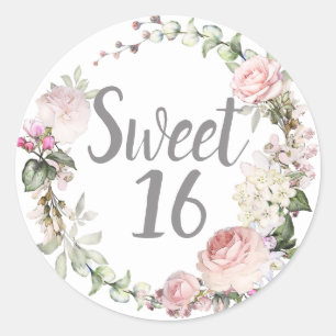 Sticker Rond Sweet sixteen floral rose pâle
