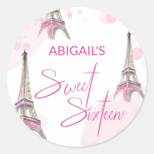 Sticker Rond Sweet sixteen Rose Blanc Paris Tour Eiffel