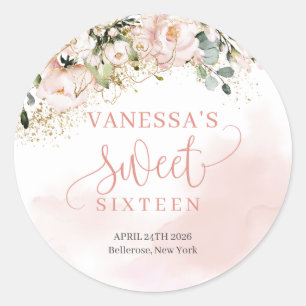 Sticker Rond Sweet sixteen rose or or floral or brillant tendan