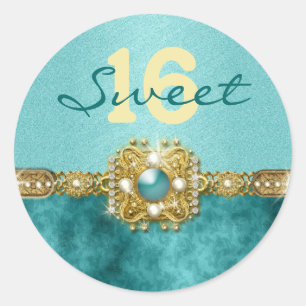 Sticker Rond "Sweet sixteen" sarcelle or doré 16e anniversaire