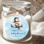 Sticker Rond Sweet Teddy Bear Pilot Blue Brown Boy Baby Shower