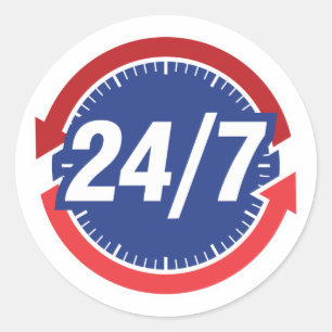 Sticker Rond Symbole 24/7 heures avec horloge face et flèches t