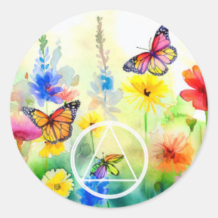 Sticker Rond Symbole AA Papillons et Fleurs Récupération