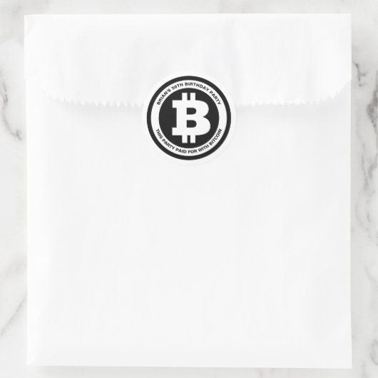 Sticker Rond Symbole Bitcoin noir et blanc Message personnalisé (Sac)